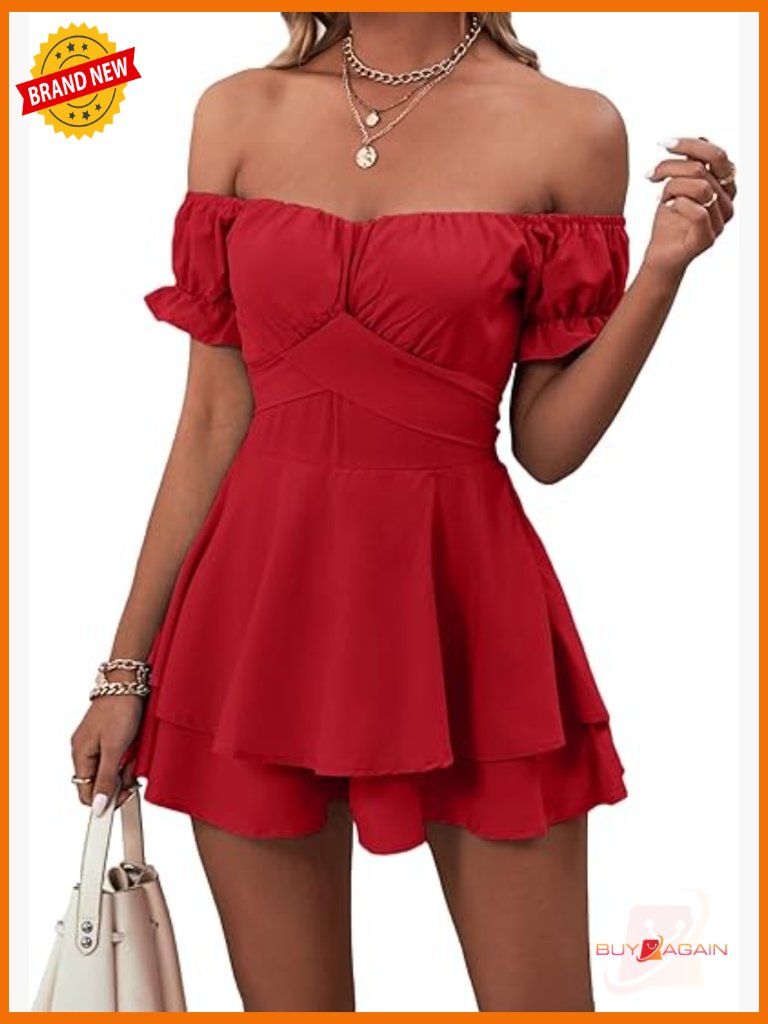 Off Shoulder Ruffle Romper Short Sleeve Mini Jumpsuit